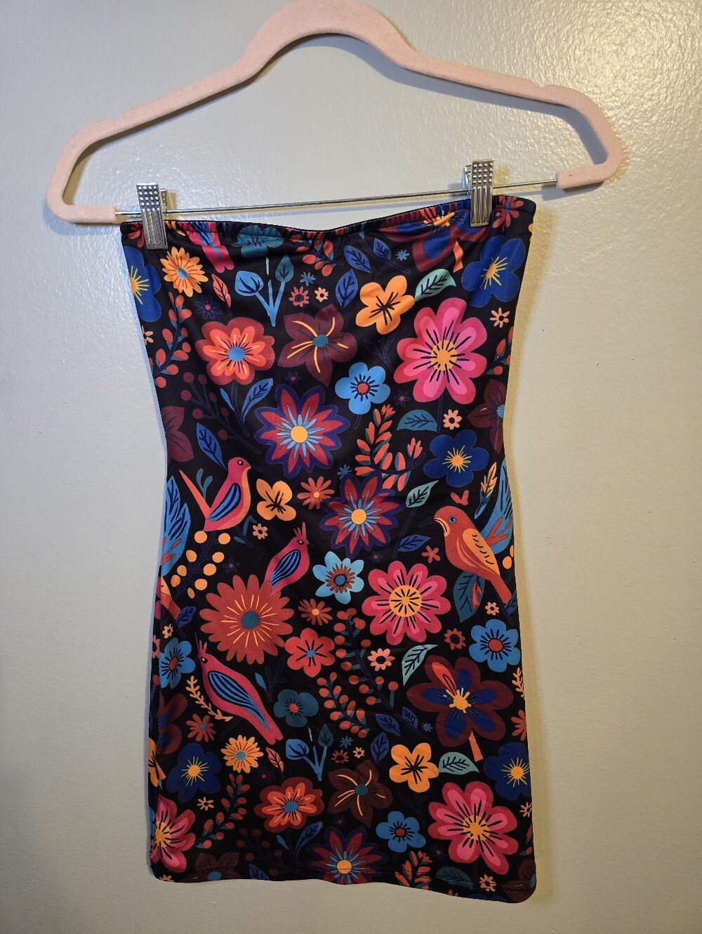 SHEIN Strapless Floral Bodycon Dress in Black with Pink & Orange